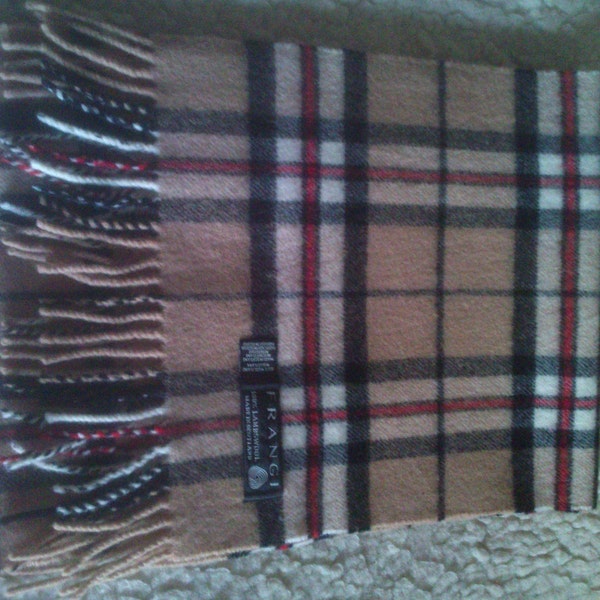 Vintage Frangi 100% lambswool beige tartan plaid check  scarf Made in Scotland