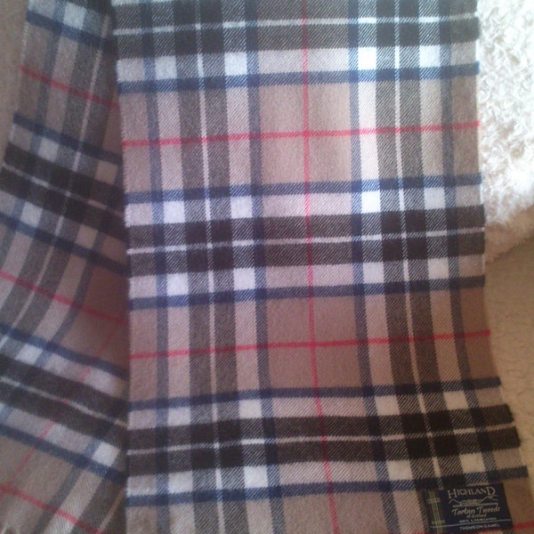 Vintage Highland beige tartan plaid check pure new wool scarf made in Scotland