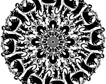 Black Cat Mandala - 12" x 12" Giclee Print
