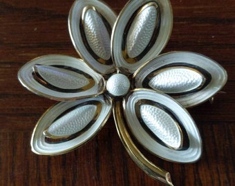 Aksel Holmsen Norway Sterling Silver White Enamel Large Modernist Flower Brooch