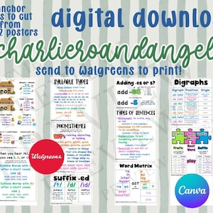 May include: A digital download set of 10 educational anchor charts from 4 24x72 inch posters featuring linguistic concepts like syllable types, phonesthemes, digraphs, and word matrices with text in black, blue, green, and red on a white background.
