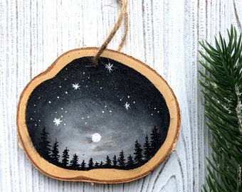 Starry Night Sky Wood Slice Rustic Christmas Ornament 2023, Forest Trees Mountains Moonlight Hand Painted Ornament, One Of A Kind Ornament