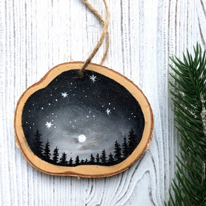 Starry Night Sky Wood Slice Rustic Christmas Ornament 2023, Forest Trees Mountains Moonlight Hand Painted Ornament, One Of A Kind Ornament