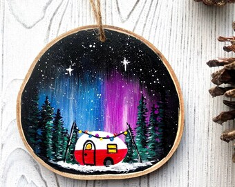 Camper Camping Forest Starry Night Sky Hand Painted Christmas Ornament 2023, One Of A Kind Ornament, Nature Wood Slice Art