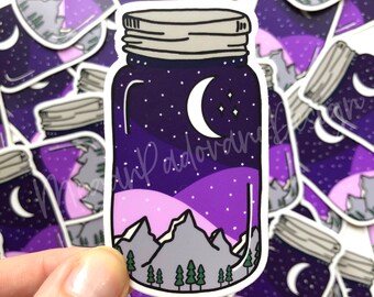 Forest Night Sky Galaxy Moon Stars Mountains Nature Mason Jar Sticker, Hydro Flask Decal, Adventure Camping Hiking Kindle Water Bottle
