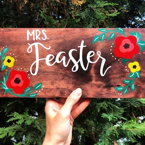 Teacher Sign Personalized With Flowers, Custom Teacher Sign, Teacher Gift, Hand Painted Wood Sign, Custom Wood Sign, Name Sign