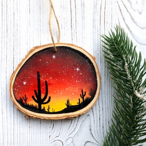 Cactus Desert Wood Slice Rustic Christmas Ornament 2024 Red Night Sky Ornament, Hand Painted Ornament, One Of A Kind Ornament