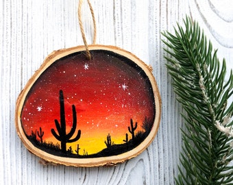 Cactus Desert Wood Slice Rustic Christmas Ornament 2023 Red Night Sky Ornament, Hand Painted Ornament, One Of A Kind Ornament