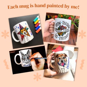The image is a collage of four photos showing hands painting mugs with various designs, including a star, flowers, and a dog.