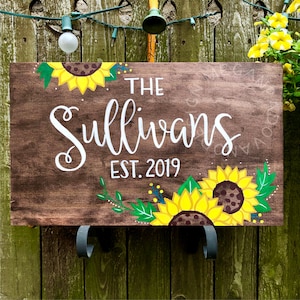 Last Name Hand Painted Wood Sign with Sunflowers, Farmhouse Style Rustic Wood Sign, Anniversary Gift, Wedding Gift, Housewarming Gift