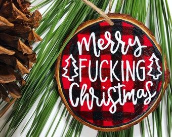 Buffalo Plaid Merry Fucking Christmas Ornament, Funny Ornament, Wood Slice Ornament 2023