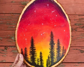 Galaxy night sky forest wood slice painting, wanderlust decor, wood slice art
