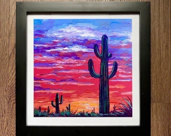 Colorful Sky Desert Cactus Sunset Painting Framed Art Print