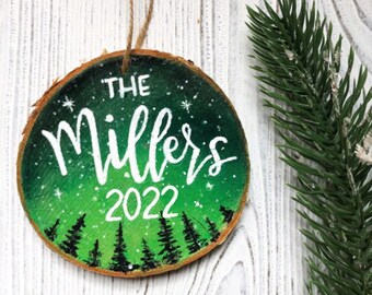 Galaxy Wood Slice Rustic Personalized Christmas Ornament 2023, Family Name Christmas Ornament, Hand Lettered Ornament