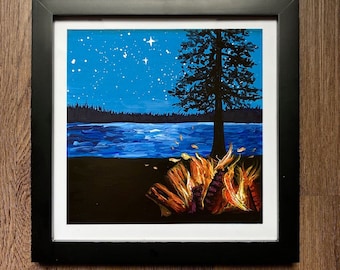 Campfire Night Sky Lake Mountains Starry Outdoors Blue Framed Art Print