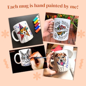 The image is a collage of four photos showing hands painting mugs with various designs, including a star, flowers, and a dog.
