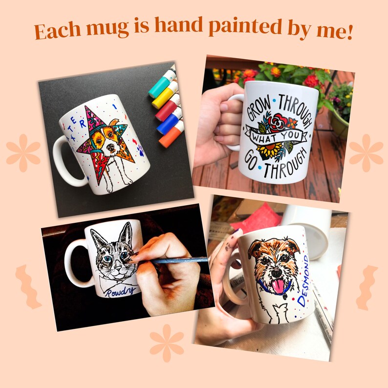 The image is a collage of four photos showing hands painting mugs with various designs, including a star, flowers, and a dog.