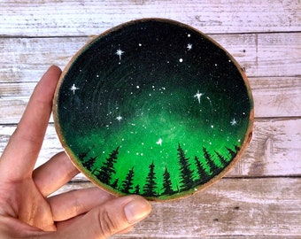 Galaxy forest night sky wood slice painting, wanderlust decor, adventure gift, wood slice art