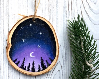 Purple Galaxy Wood Slice Rustic Christmas Ornament 2023, Night Sky Ornament, Hand Painted Ornament, One Of A Kind Ornament, Wood Slice Art