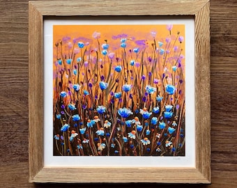 Orange and Blue Floral Painting Framed blue Flower Field Art Print