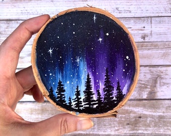 Galaxy forest night sky wood slice painting, wanderlust decor, adventure gift, wood slice art