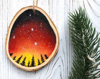 Galaxy Wood Slice Rustic Christmas Ornament 2025, Red Night Sky Ornament, Hand Painted Ornament, One Of A Kind Ornament, Wood Slice Art