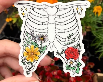 Blommigt revbensklistermärke, skelettanatomiklistermärke, kronisk sjukdomsklistermärke, EDS-medvetenhetsdekal, SRS, vattentätt vinylklistermärke för laptop