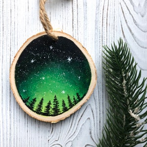 Galaxy Wood Slice Rustic Christmas Ornament 2023, Forest Green Night Sky Ornament, Hand Painted Ornament, One Of A Kind Ornament