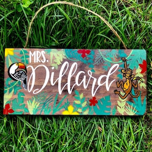 Tropical Jungle Theme Teacher Sign Personalized, Custom teacher sign, Teacher Gift, Hand Painted wood Sign, Teacher Christmas Gift
