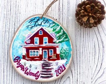 Custom House Hand Painted Rustic Christmas Ornament 2023, Our Home, First Christmas,  One Of A Kind Ornament