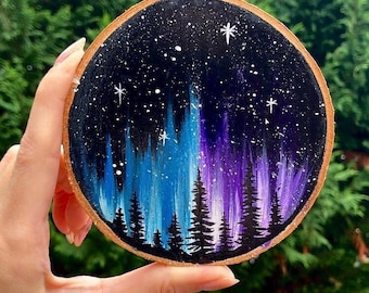 Galaxy forest night sky wood slice painting, wanderlust decor, adventure gift, wood slice art hand painted