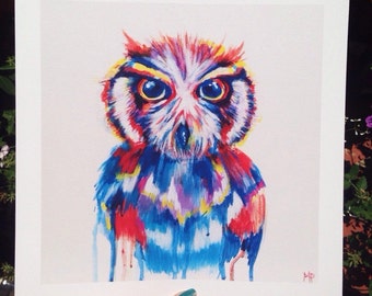 Owl Art, Owl Print, Owl Painting, Original multicolor owl print, Drip Painting, Nursery Decor