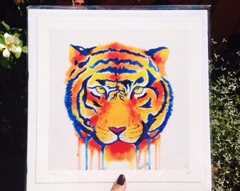 Colorful Tiger Art Print, Tiger Drip Painting, Jungle Decor theme, Nursery Art, Christmas Gift