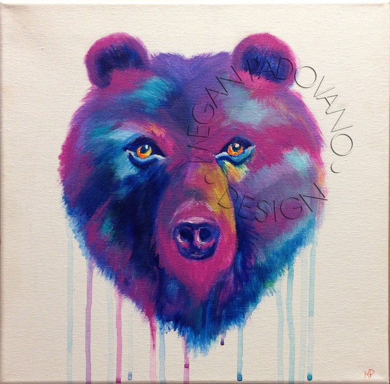 May include: A colorful painting of a bear's face with dripping paint in shades of blue, purple, and pink. The bear's eyes are a bright orange.