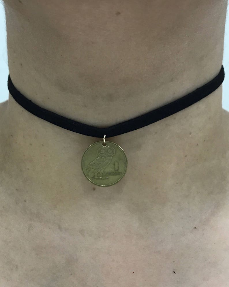 Black velvet choker with Greece 1 Drachmai Coin with Owl