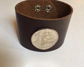 New Zealand 50 cents Leather Cuff Coin Bracelet boat ship