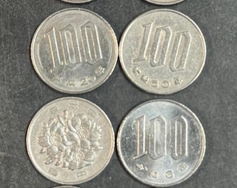 8 Japanese 100 Yen Coins - 8 x 100 JPY Coins - Vintaage Japan Coin Lot Rare