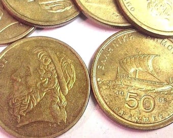 HOMER & Athenian ship Greece 50 Drachmai, Greek Drachma Coin (1988-2000 type)