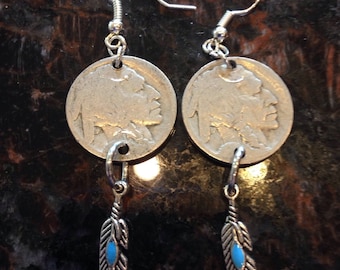 Buffalo Nickel earrings with turquoise studded feathers