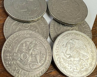 MEXICO 20 Pesos, big vintage 1980s Mexican coin, Mayan Indian Headdress