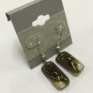 Fused Dichroic Glass dangle earrings- Drk Green-Cream-Coffee #94