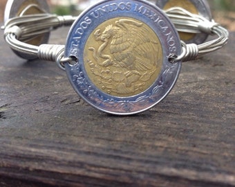 Mexico 5 pesos Bourbons and Boweties style wire wrapped bangle bracelet