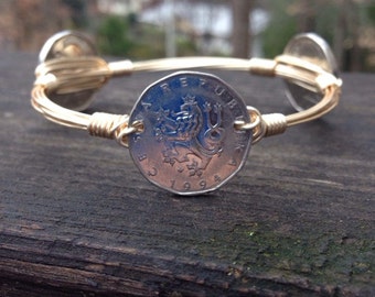 Czech 2 koruna Bourbons and Boweties style wire wrapped bangle bracelet.