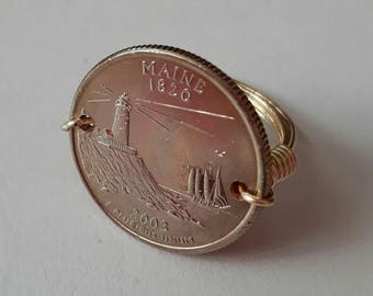 Maine State quarter wire wrapped ring.