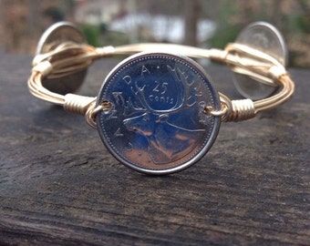 Canada 25 cents Bourbons and Boweties style wire wrapped bangle bracelet