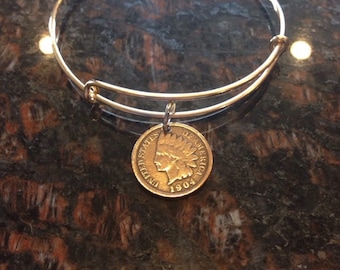 USA Indian Head Penny expandable style wire bangle bracelet