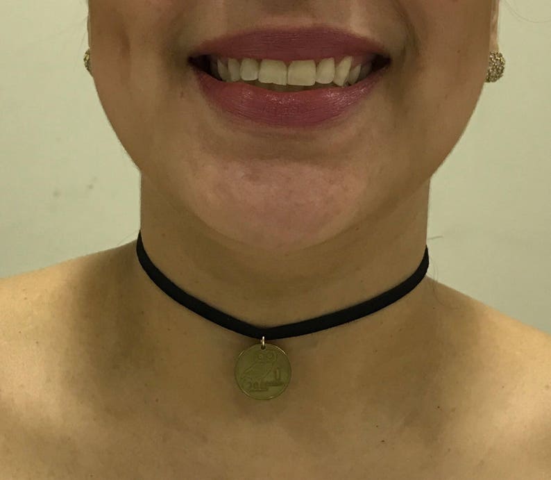 Black velvet choker with Greece 1 Drachmai Coin with Owl