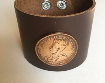 Austrlia King George Large Penny Leather Cuff Coin Bracelet