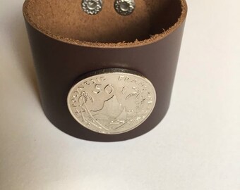 French Polynesia 50 francs Leather Cuff Coin Bracelet