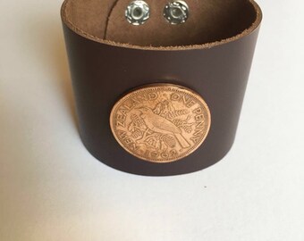 New Zealand Tui Bird Large Penny Leather Cuff Coin Bracelet